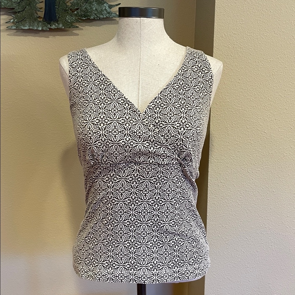 Eddie Bauer Faux Wrap Brown and Cream Geometric Sleeveless Top